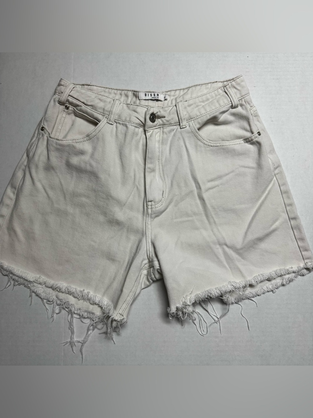 DISSH Denim Beige Cutoff Denim Shorts Size: 12 High Rise Raw Hem 5" Inseam
